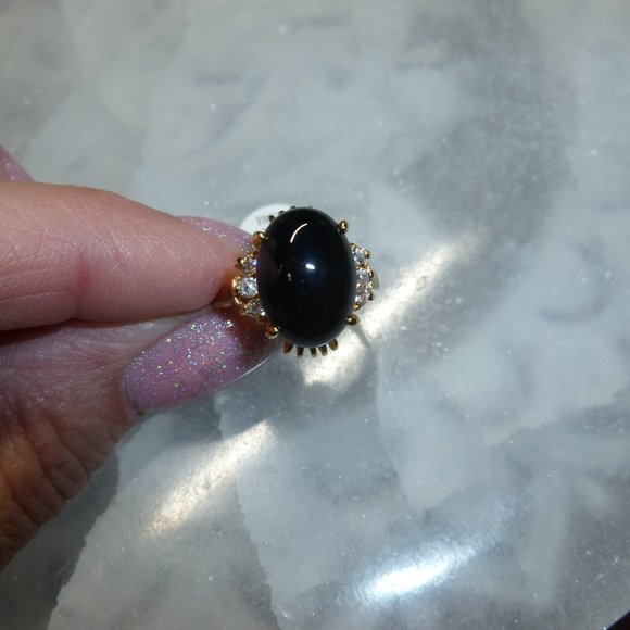 18k Yellow Gold EP Onyx Cubic Zirconia Dolphin Ore Ring - Picture 1 of 13
